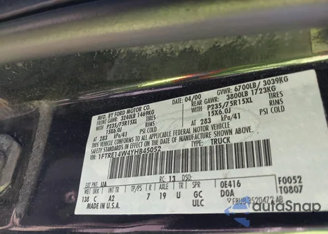 2000 Ford E-150 Commercial/Recreational z USA, uszkodzony, nr VIN 1FTRE14W4YHB45052